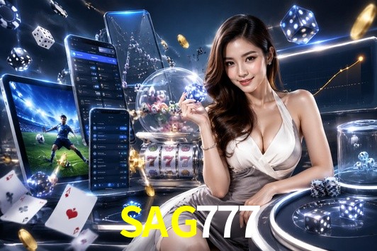 Una escena digital vívida inspirada en casino con SAG777 mostrado prominentemente, luces brillantes, fichas, cartas y acentos dorados.