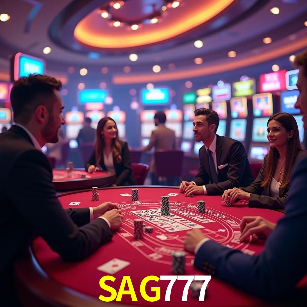 Escena dinámica inspirada en casino con iluminación SAG777, cartas, fichas e íconos de juegos digitales en un espacio moderno de juegos.